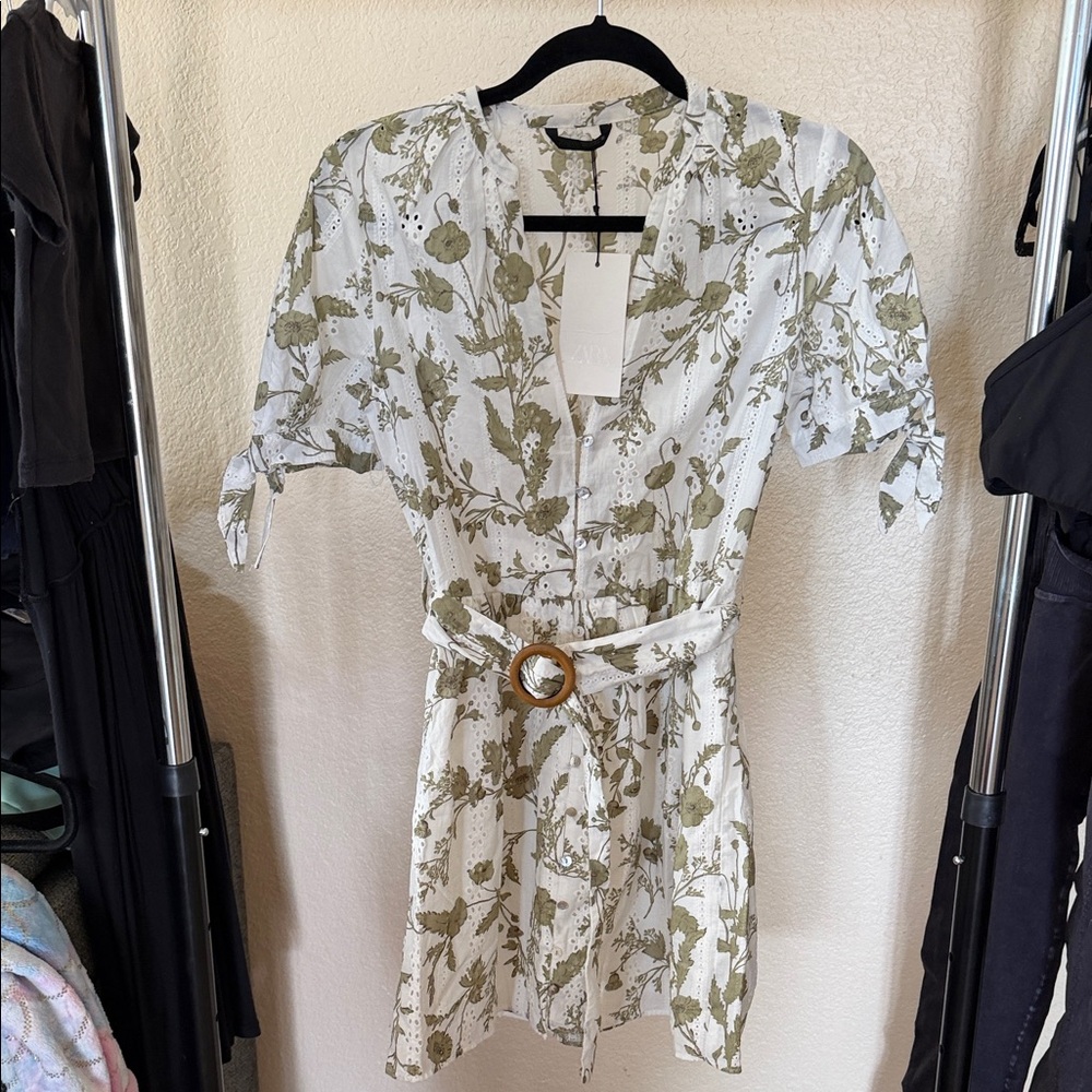 Zara White and Olive Floral Mini Dress